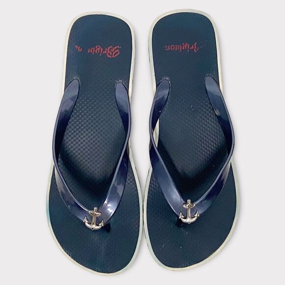 Brighton Womens Sandals Ahoy Anchor Print Nautical Blue White Flip Flops Size 9 - Picture 4 of 8